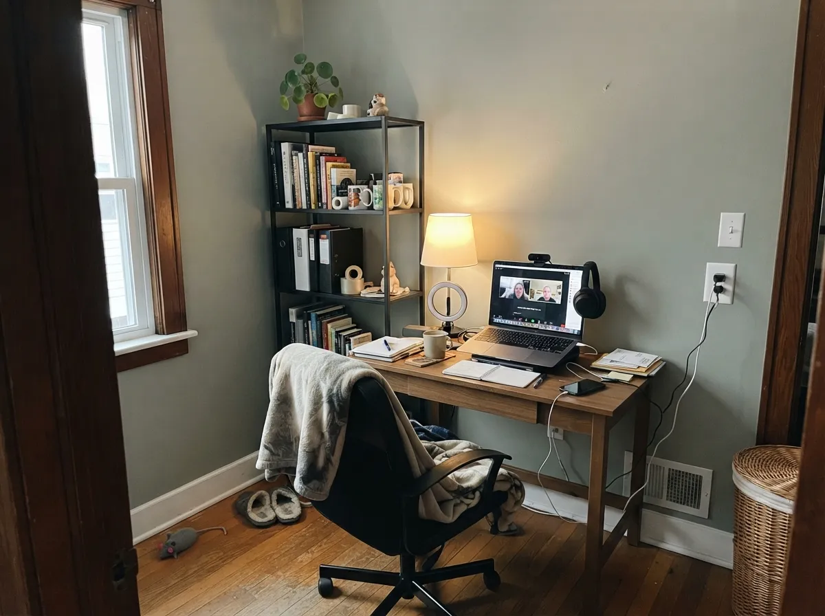 October Mist behind a home-office desk on a video call.