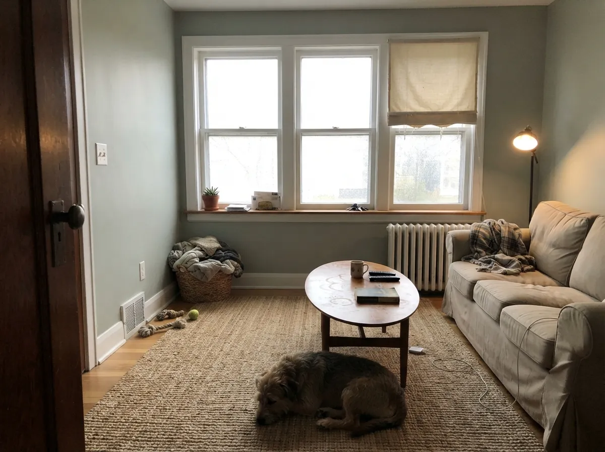 October Mist living room walls in bright south-facing daylight.