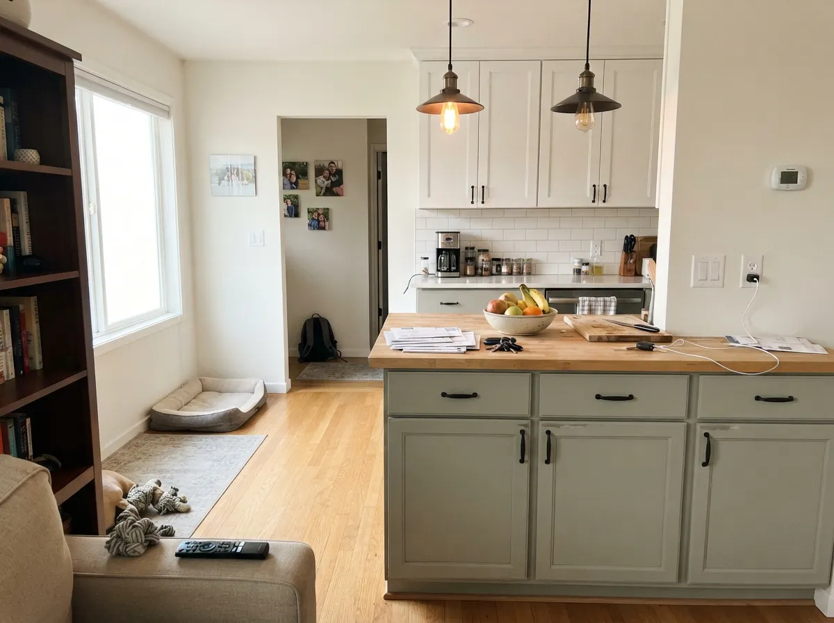 October Mist on a kitchen island with matte black hardware.