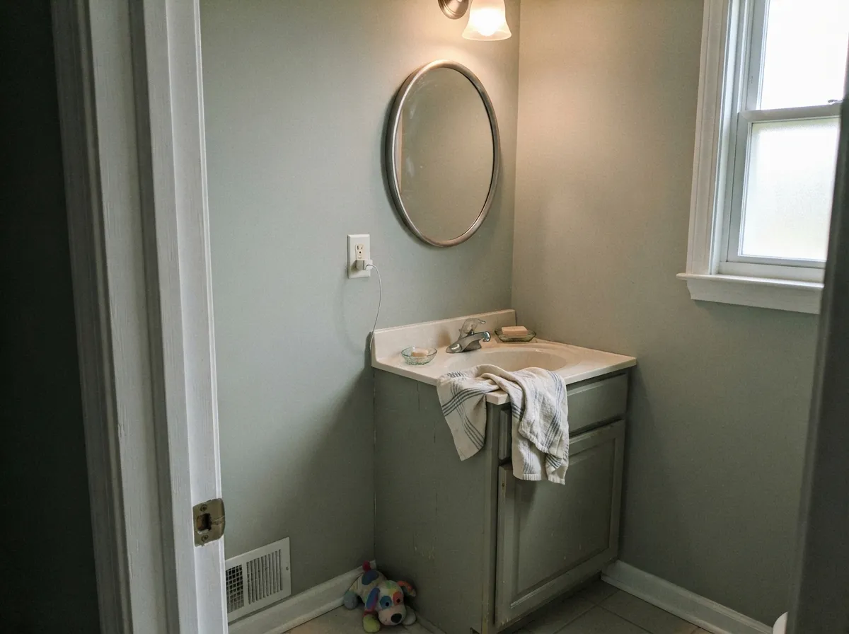 October Mist on a powder-room vanity under natural daylight.