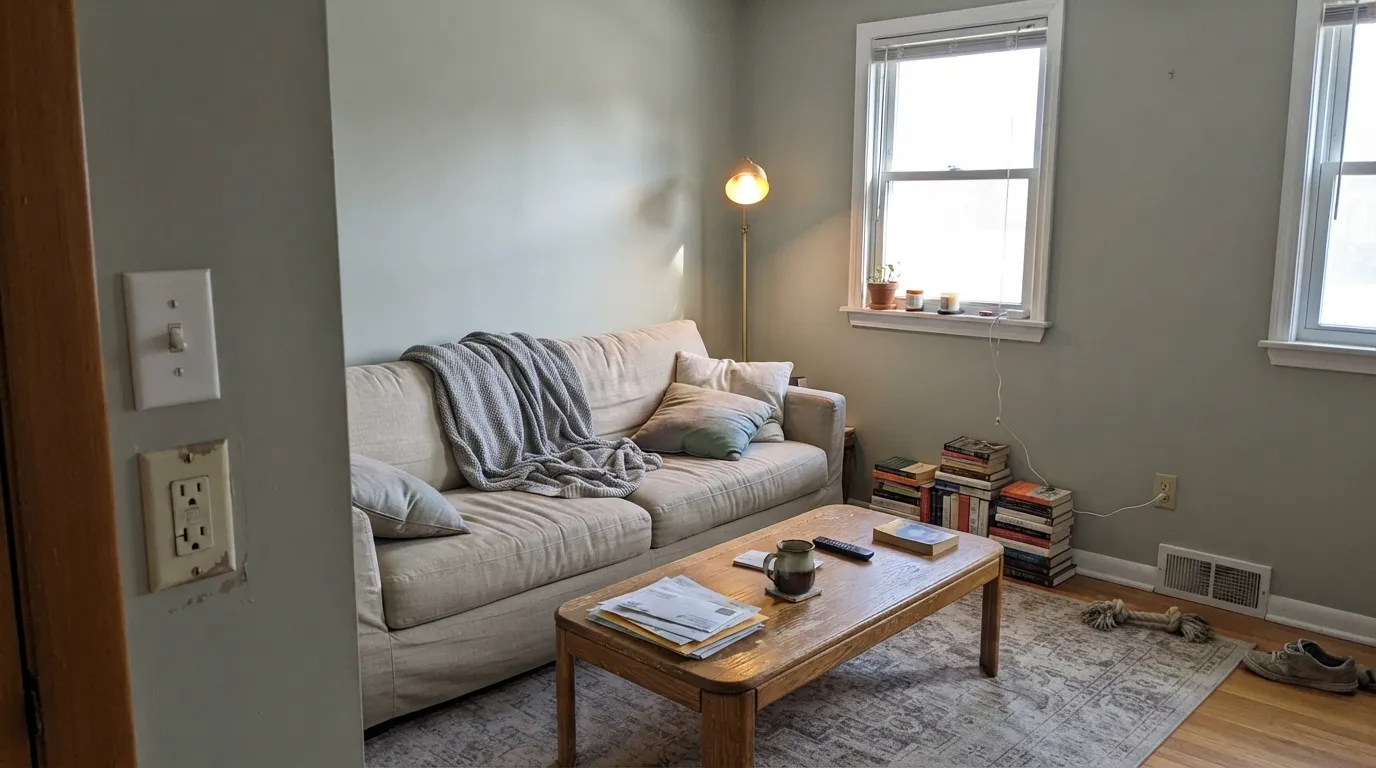 In good afternoon daylight October Mist stays clearly sage against White Dove trim — calm, but you can still tell it is a color.