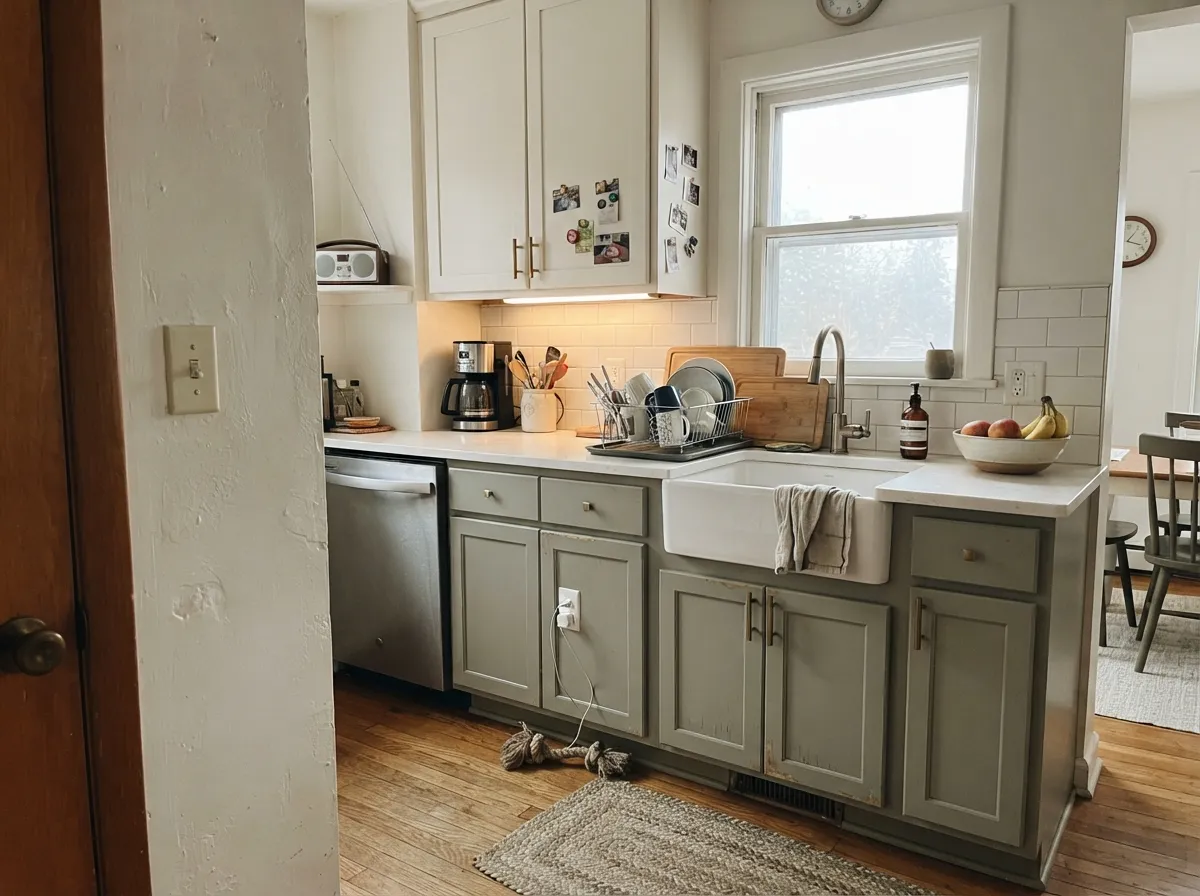 Cabinets are where it is most reliable: light hits the doors from several angles, so the sage holds even away from the window.