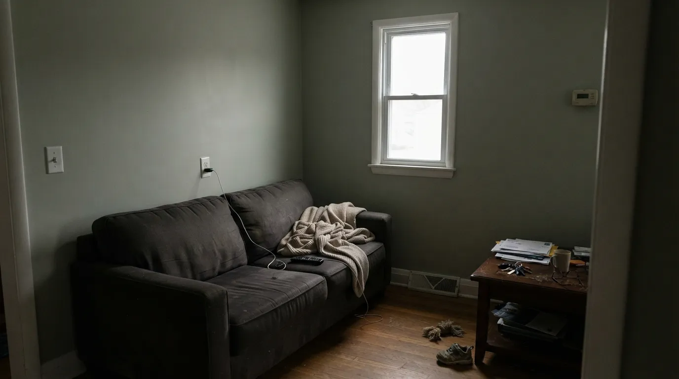The honest shot: in a dim north room with no lamps on, the green drains away and October Mist goes flat gray — the exact complaint people post two days after painting.