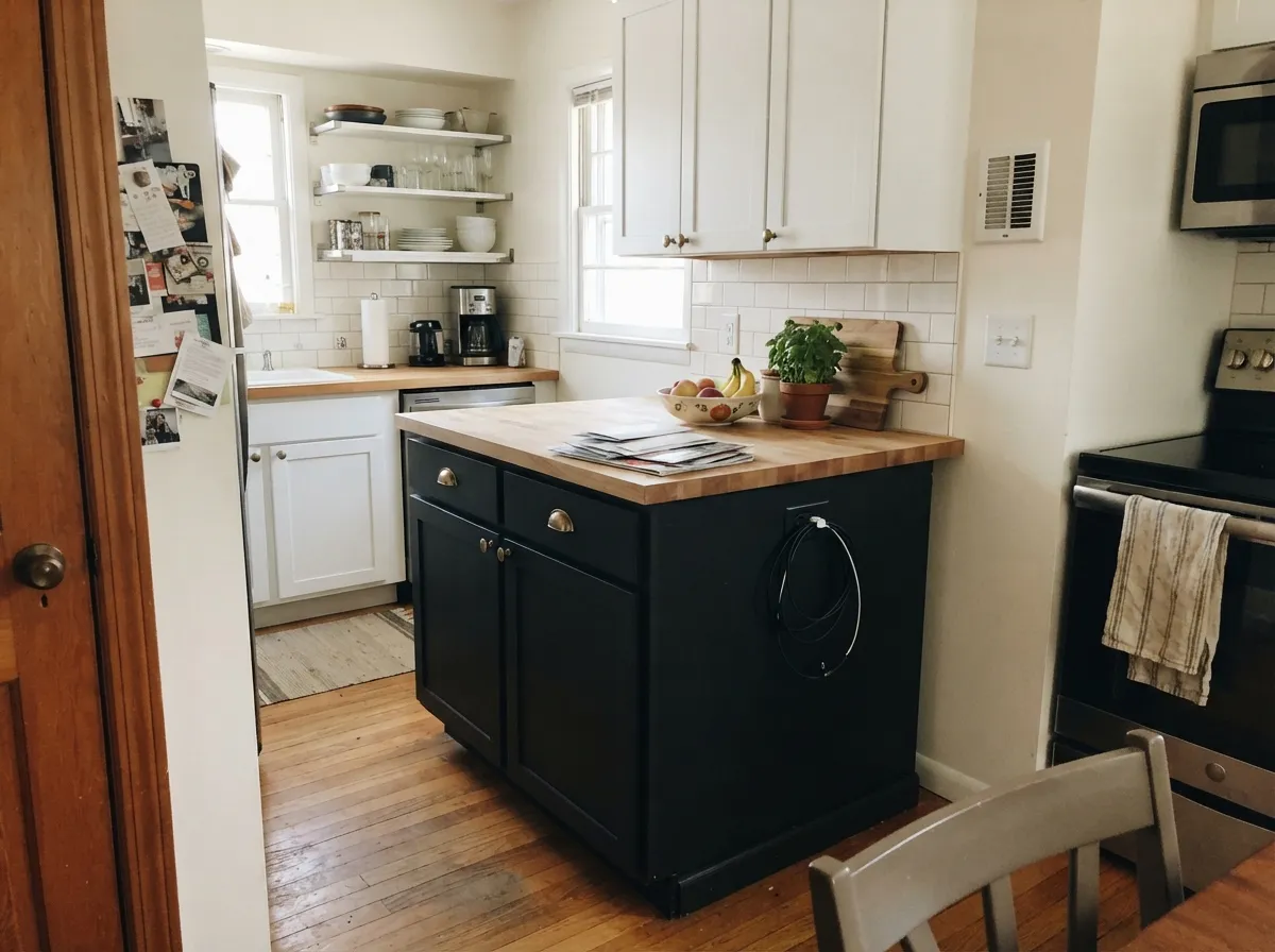 Onyx on the island under white uppers — the fingerprint-and-mail kind of everyday kitchen, not a staged one.