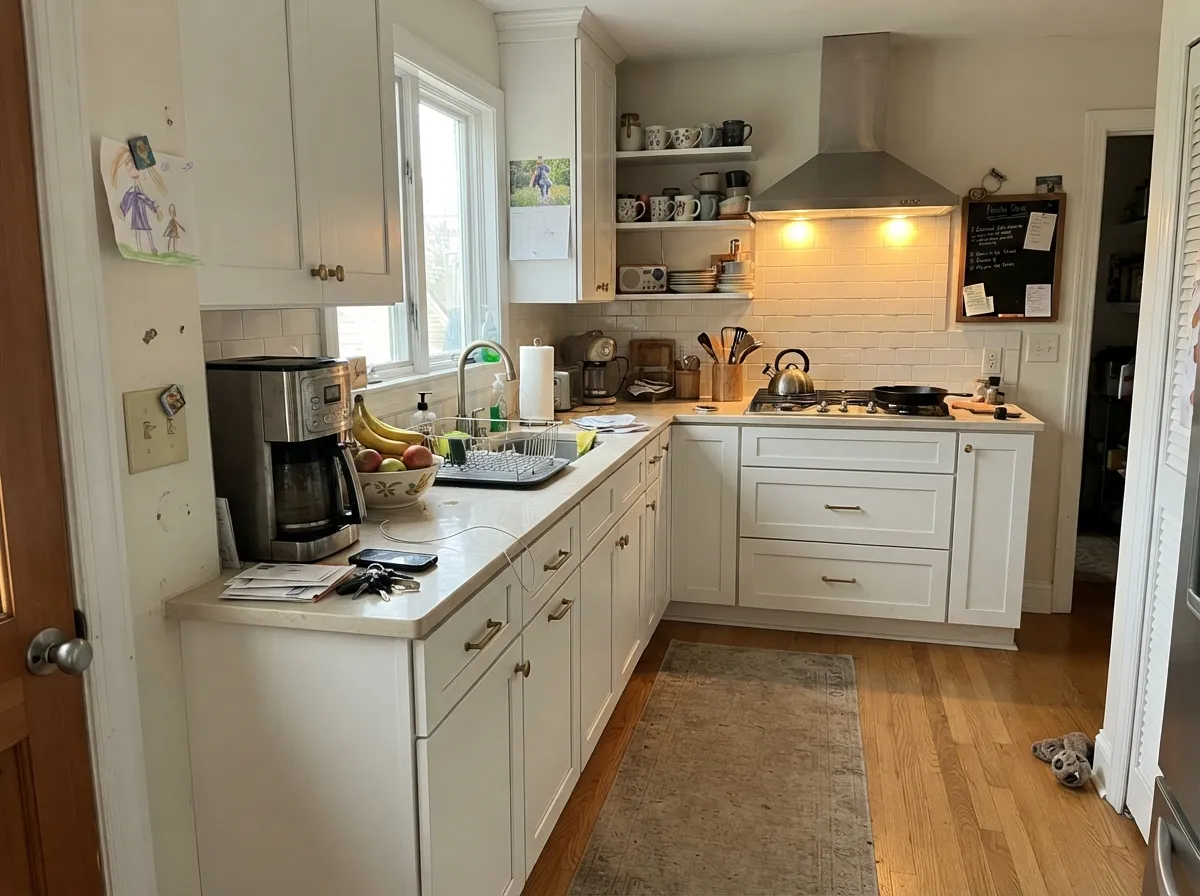 On cabinets it stays out of the way of the counters — a safe, quiet base that doesn't compete for attention.