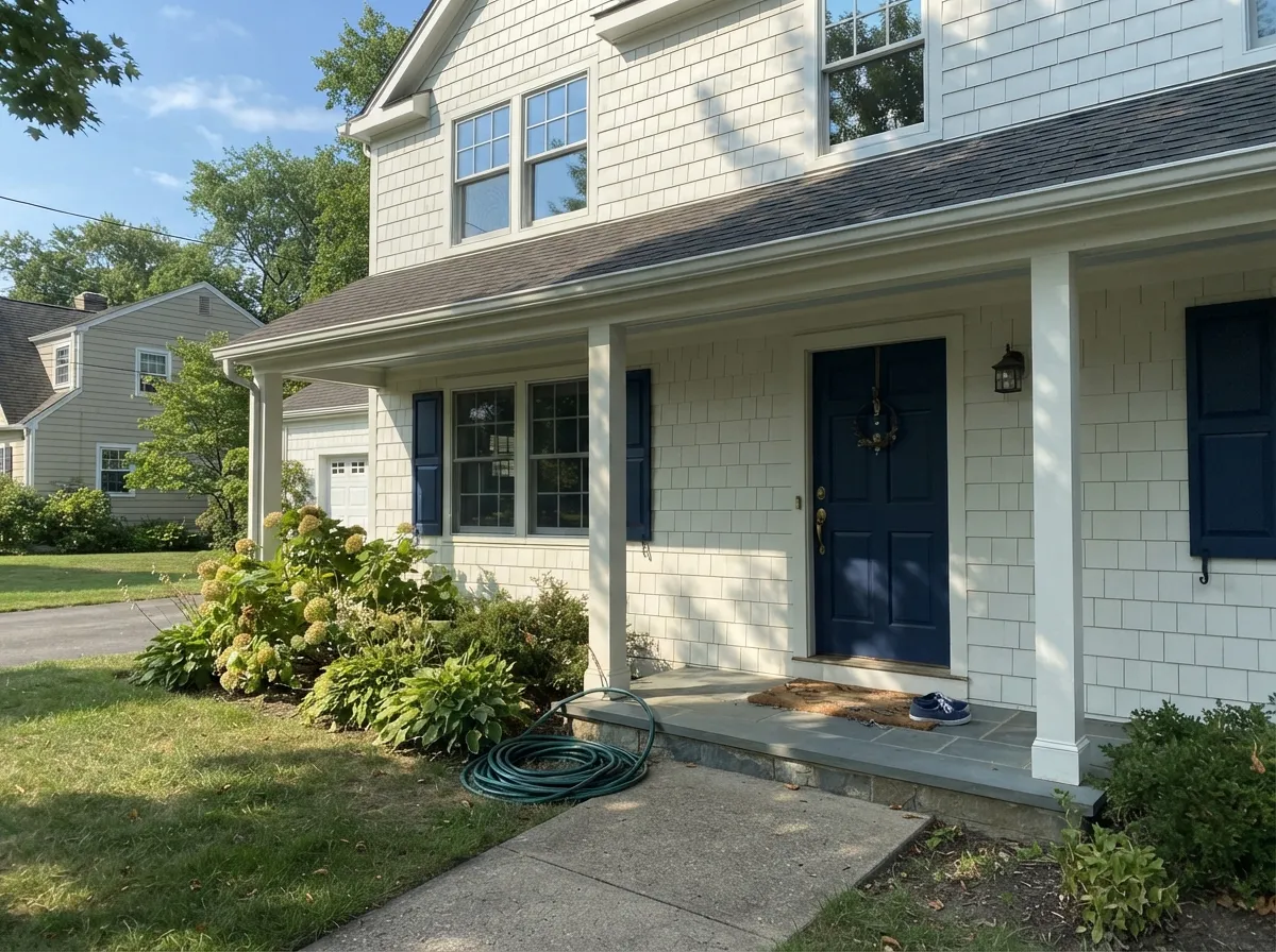 On a coastal exterior with navy shutters it reads crisp and traditional — full sun is a flattering light for this one.