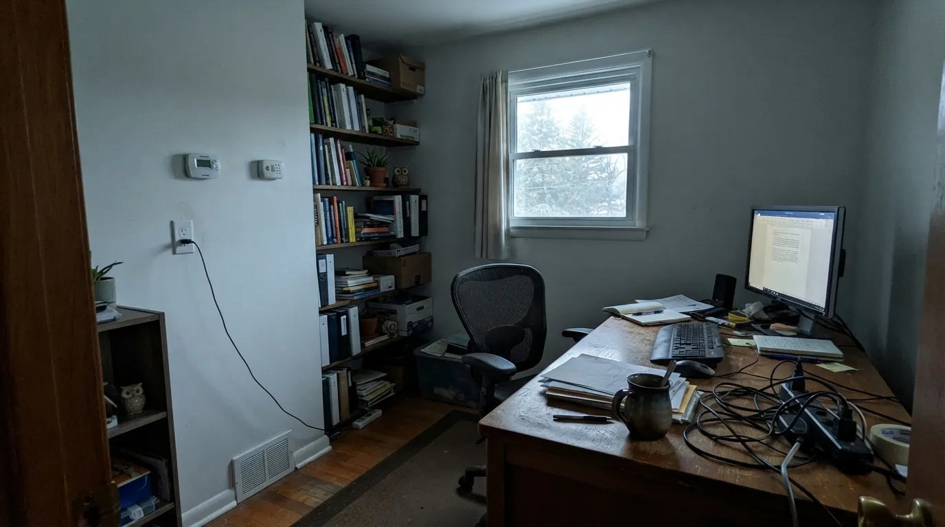 The honest shot: with no lamps and no sun, the near-neutral undertone has nothing to borrow from — the wall goes flat and cold.