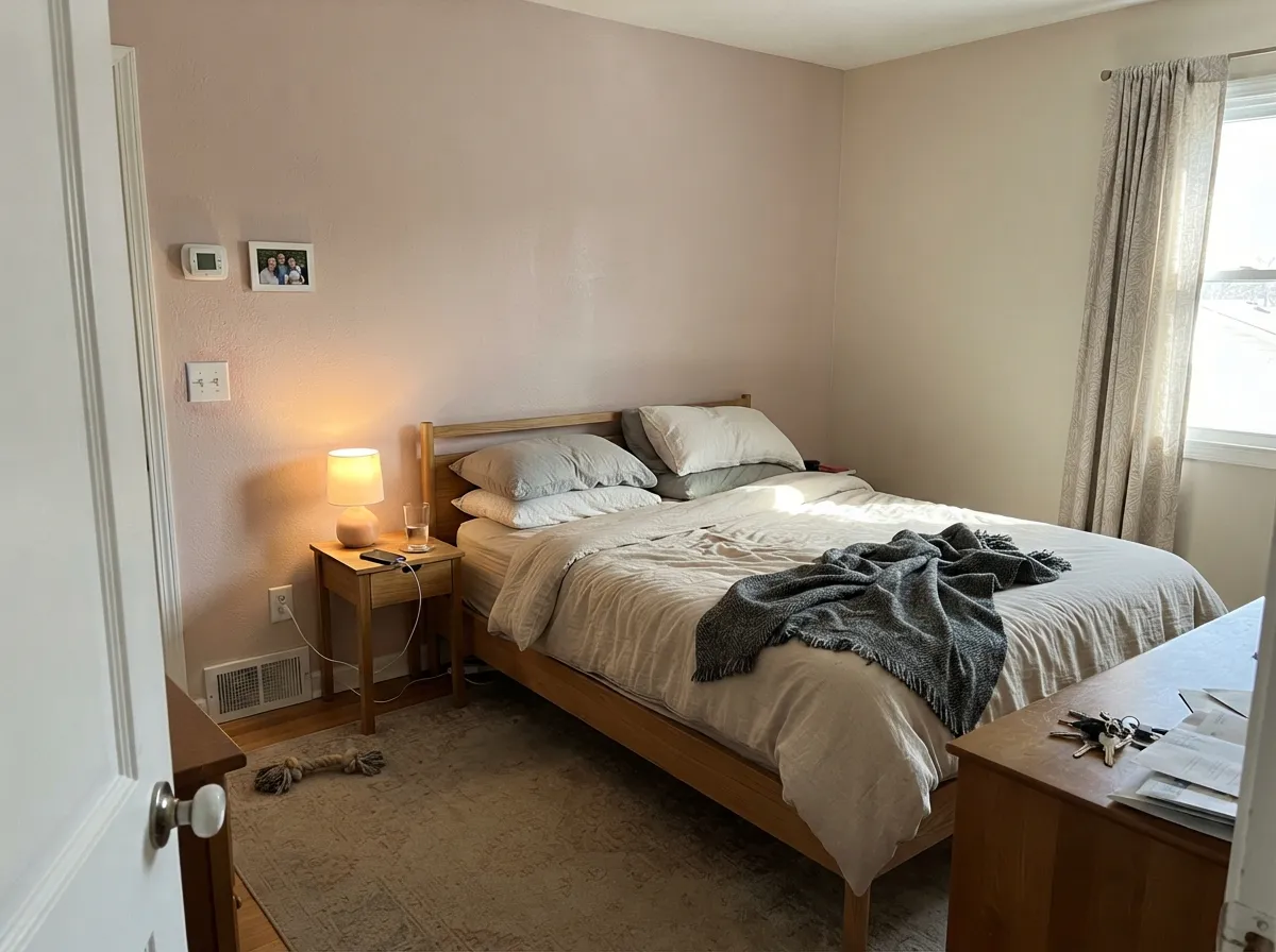 As a single accent wall against a paler warm neutral, the blush reads as a deliberate, quiet warmth — not a statement pink.