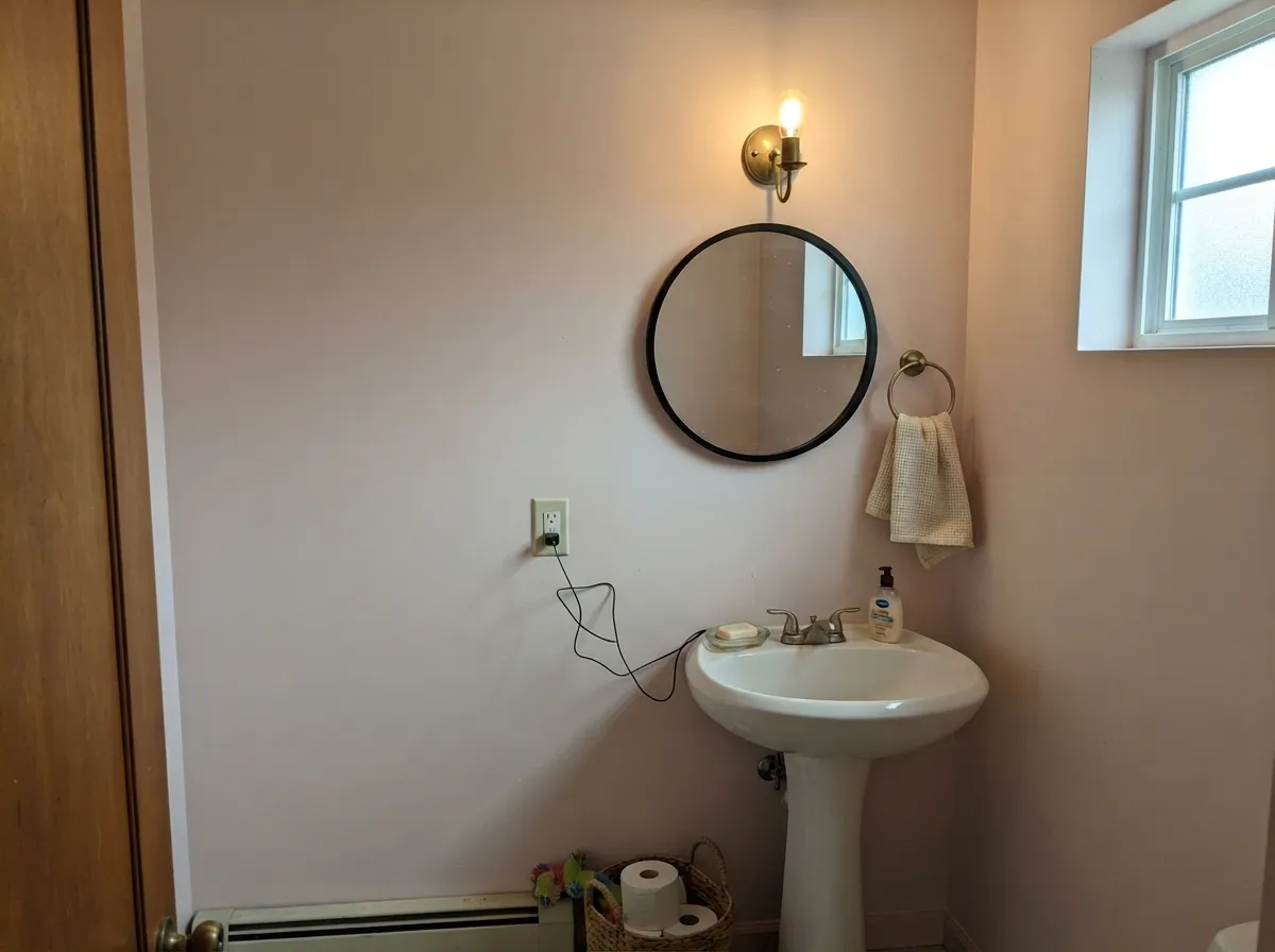 Wrapped around a small powder room with a black mirror frame and brass sconce, it reads custom and warm, not sugary.