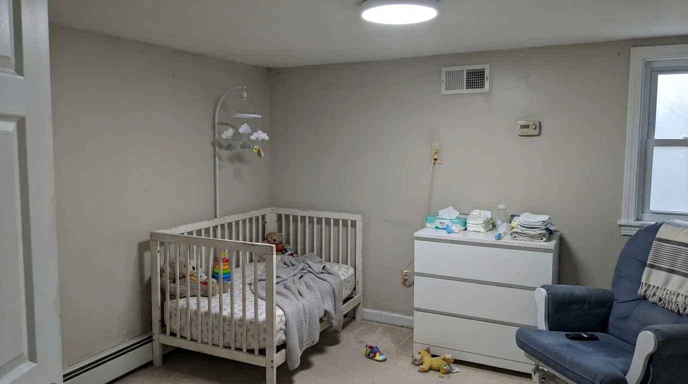 The honest shot: cool light and a cool LED bulb drain the warmth out, leaving a flat, muddy beige instead of the rosy glow above. The paint didn't change — the light did.