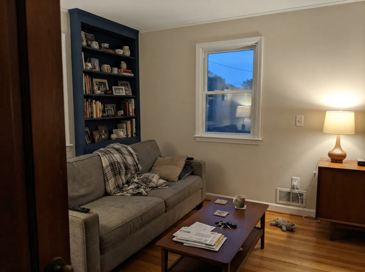 Pale Oak living room walls with a deep navy built-in bookshelf, lit by lamplight.