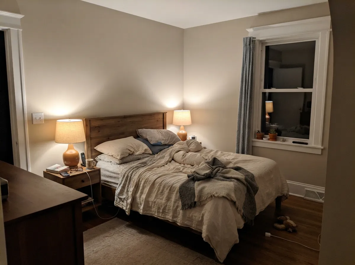 Pale Oak bedroom walls with white trim, warmed by bedside lamplight.