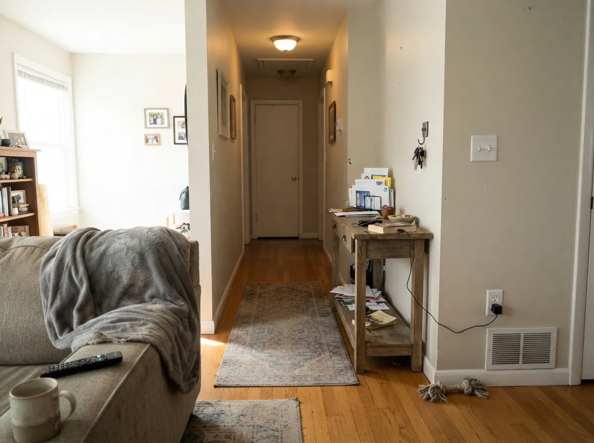 Pale Oak walls carrying through an open-plan hallway with changing light.