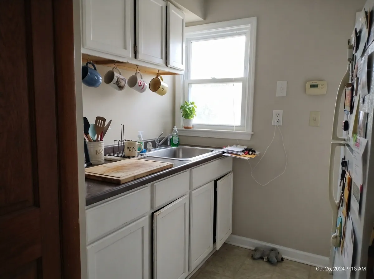 Pale Oak kitchen walls behind white cabinets in morning light.