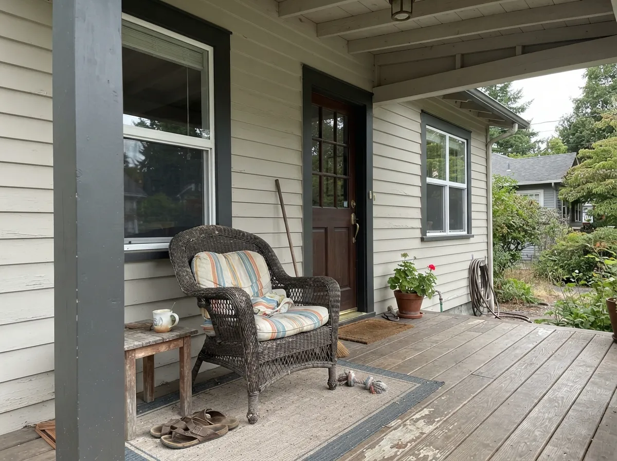 Pale Oak exterior siding on a shaded, porch-covered wall with dark trim.