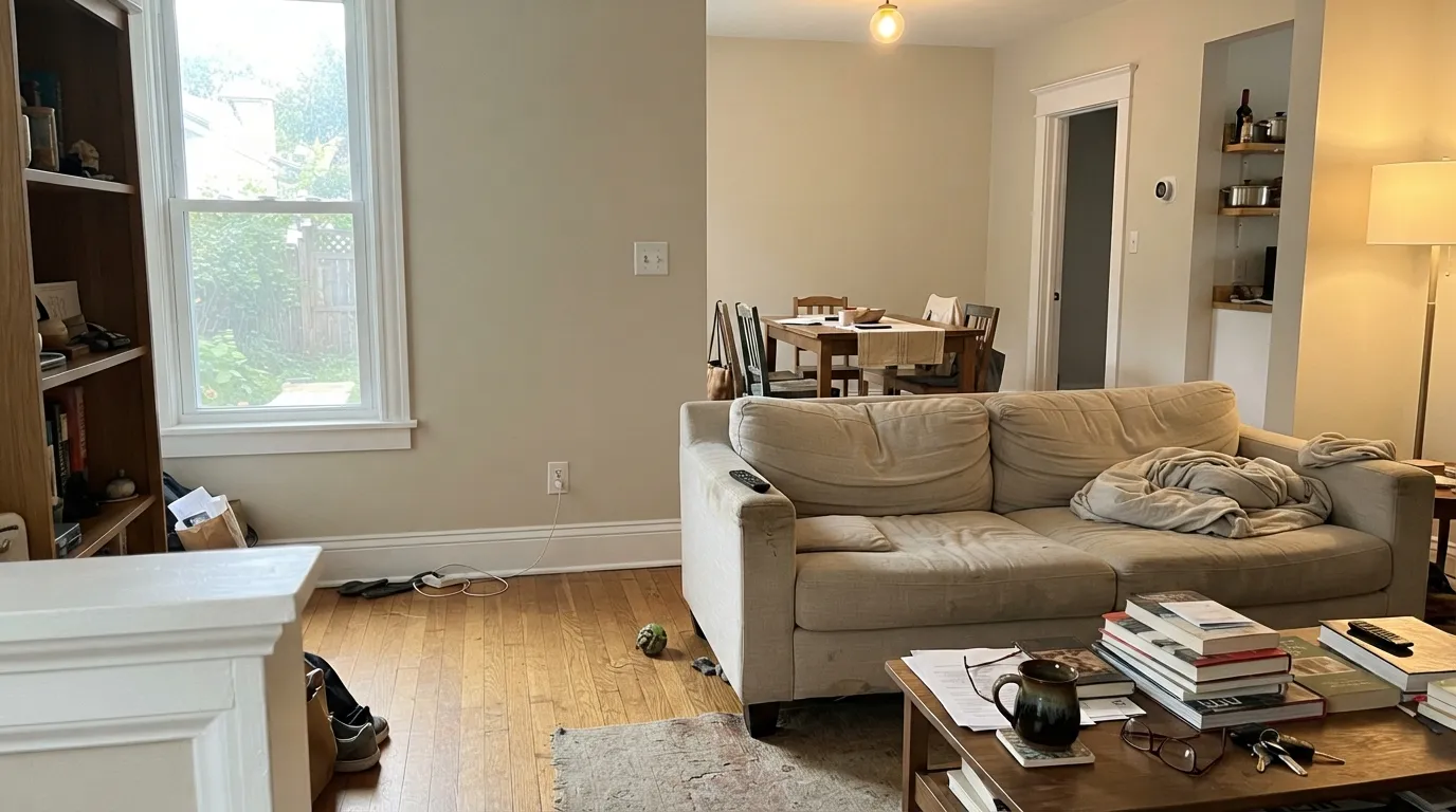 Pale Oak carrying a whole main floor in warm afternoon light — soft taupe against clean Chantilly Lace trim, warm without going beige.