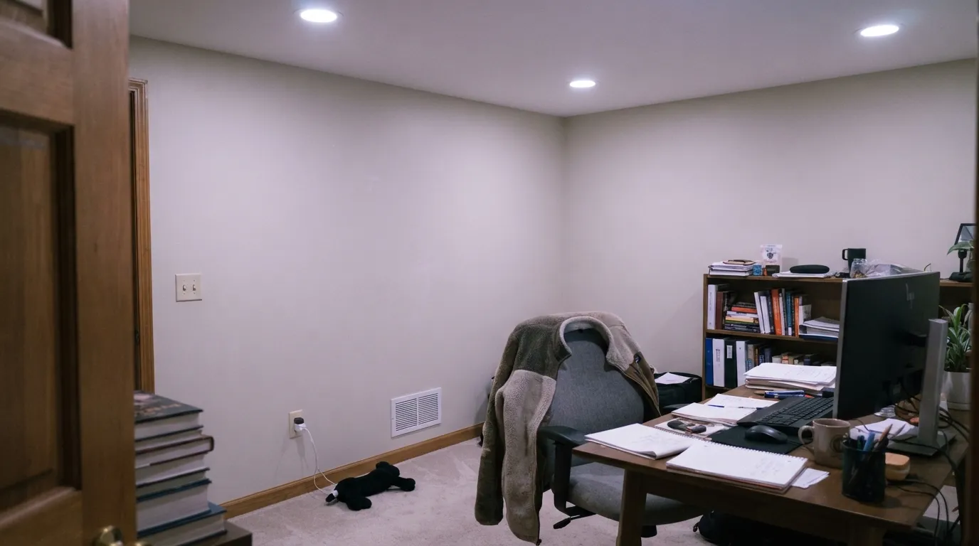 The honest shot: cool north light plus cool LEDs, and the pink-violet cast people post about steps right out of the wall.