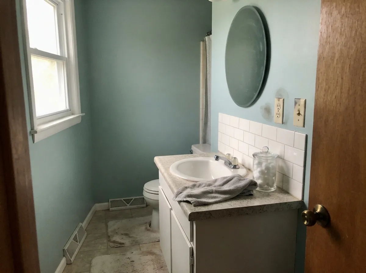 Palladian Blue bathroom walls with a white vanity and white trim.