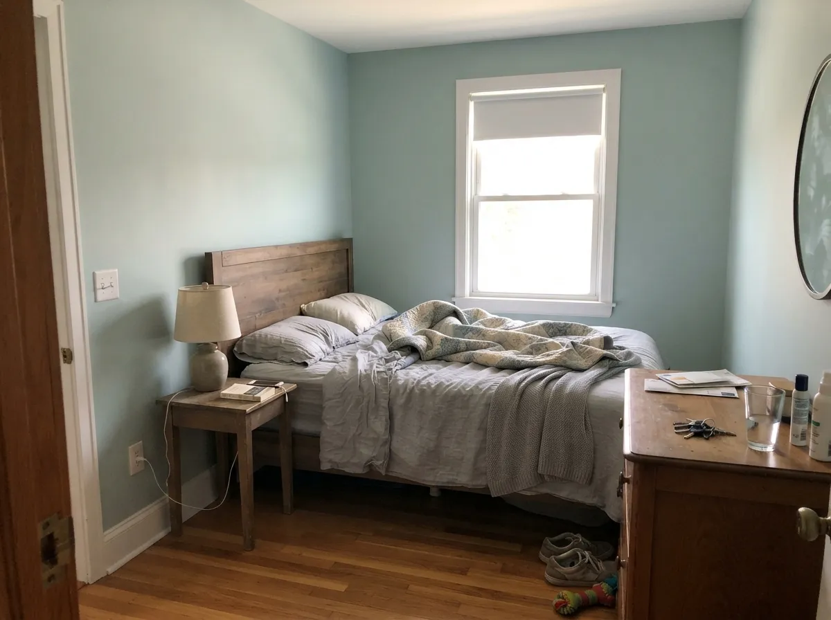 Palladian Blue bedroom walls bright with daylight and white trim.