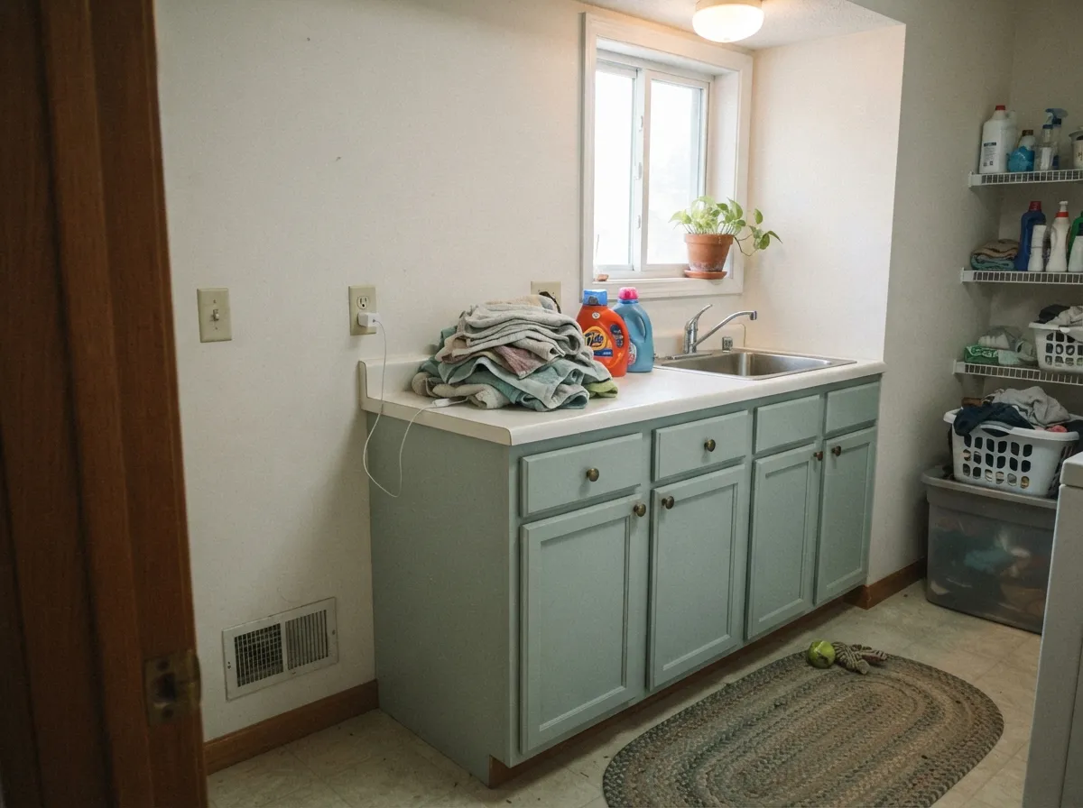 Palladian Blue on a laundry-room base cabinet with a white counter.