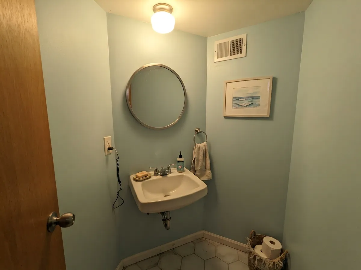 Palladian Blue powder-room walls under warm bulb light.