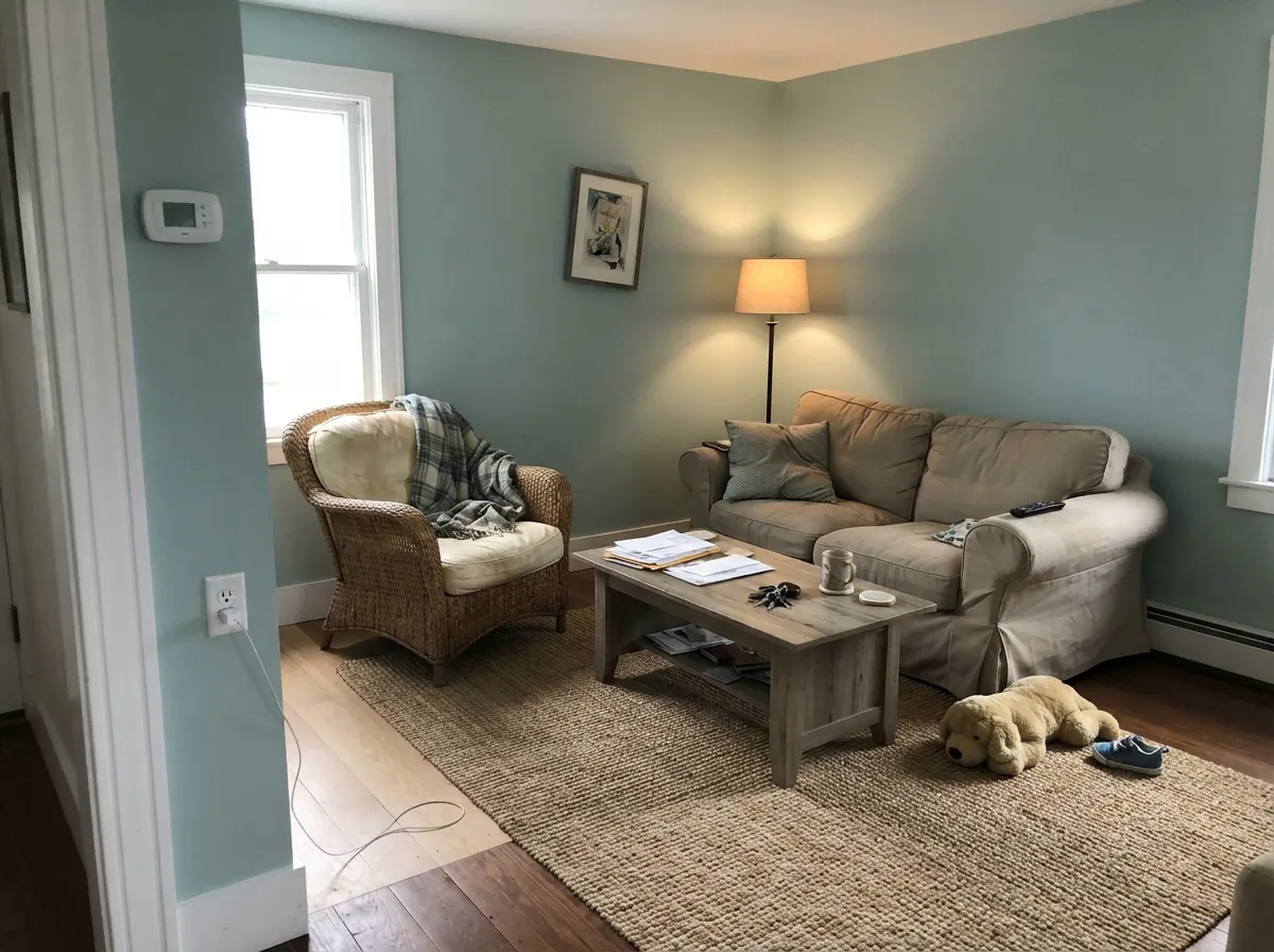 Palladian Blue living room walls in a white-trimmed cottage-style room.