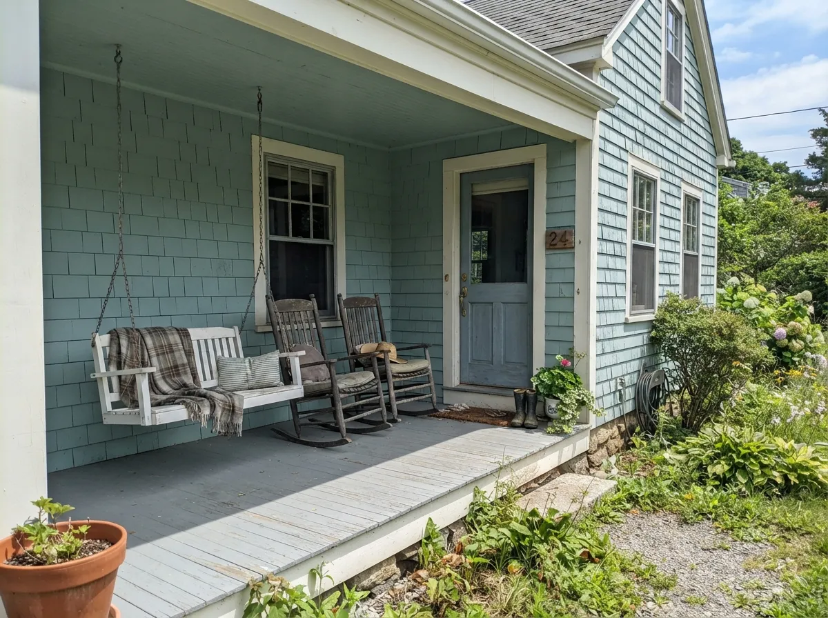 Palladian Blue shingle-cottage siding and porch ceiling in full sun.