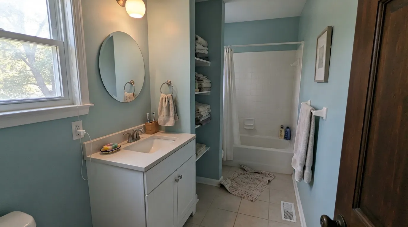 In cool morning light from a side window, Palladian Blue reads the way people expect it to — soft aqua against clean white trim.