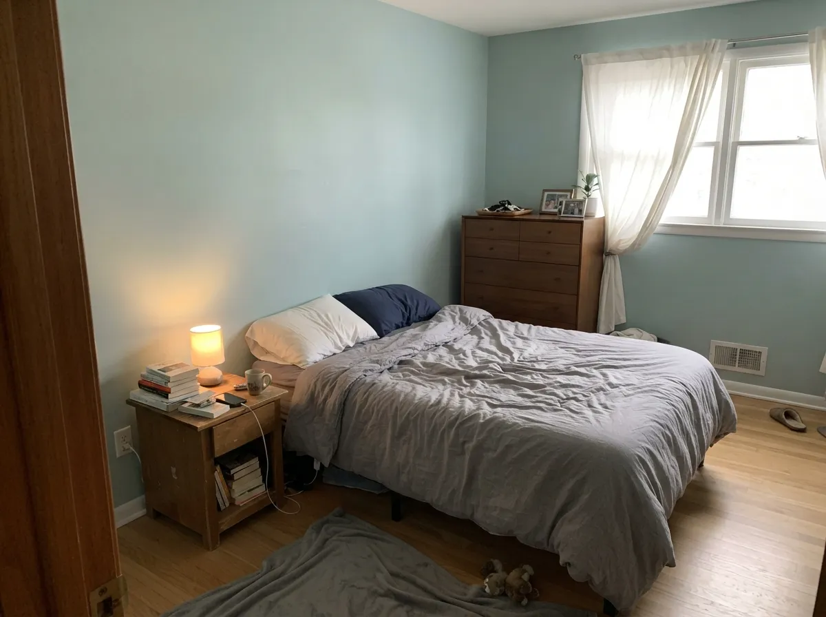 On bedroom walls it stays airy at LRV 53 — restful, and warm enough not to feel cold next to White Dove trim.