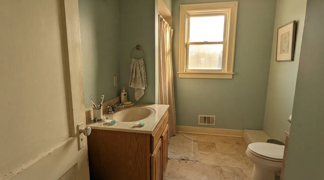 The honest shot: with cream trim, warm tile and afternoon sun, the green takes over and the old woodwork looks yellowed — the number-one Palladian Blue regret.