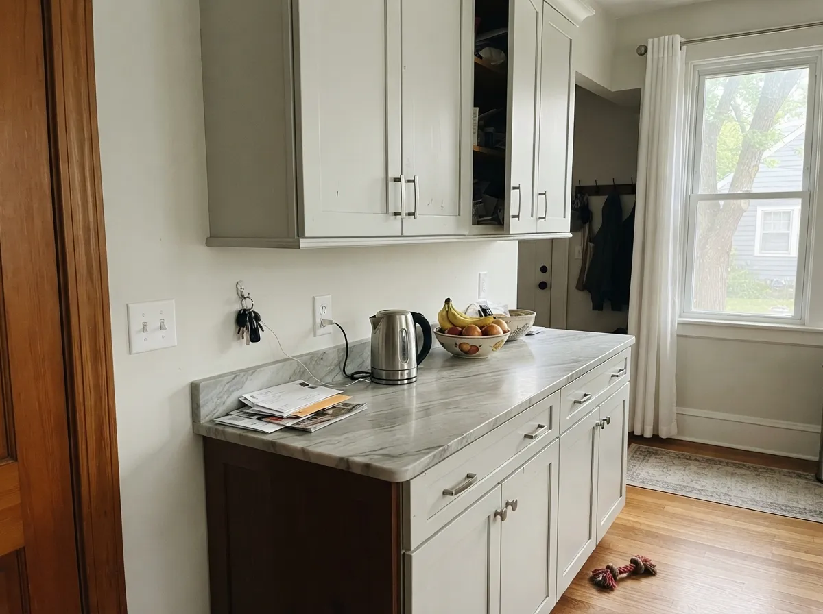 Against honed stone and nickel the coolness pays off — the cabinets read quiet gray-white rather than builder bright.