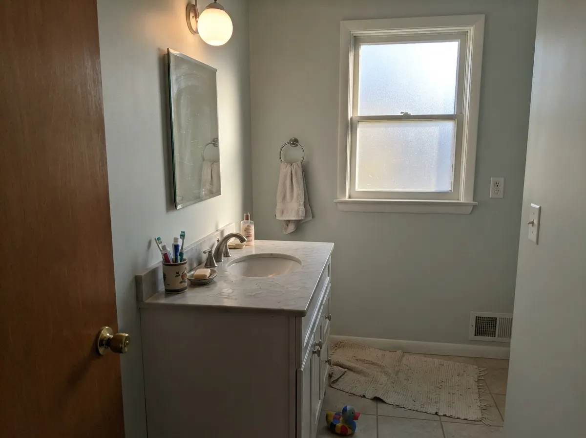 Late west light warms it just enough — in a cool-materials bathroom this is where Paper White looks most expensive.