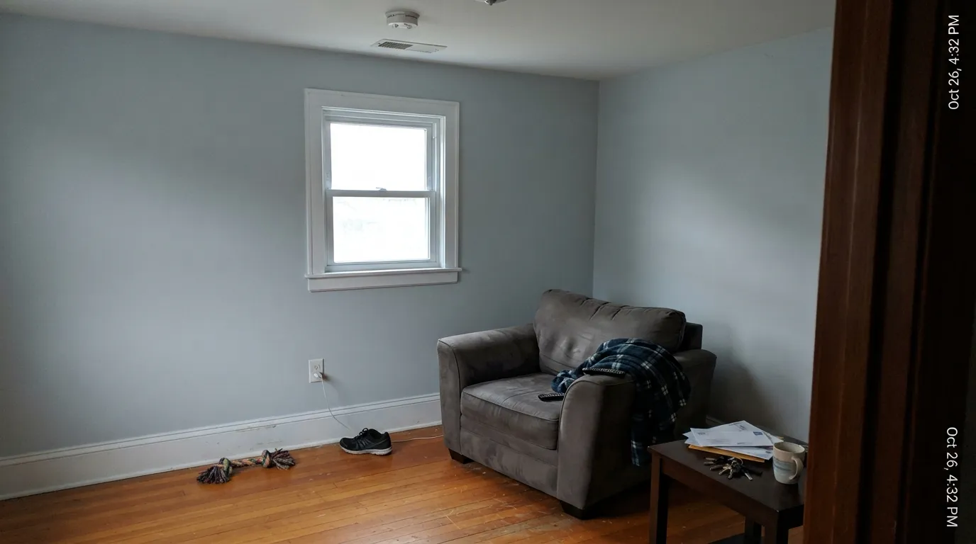 The honest shot: north light with no lamps and brighter trim still in place — the walls go cold and the trim wins, exactly the complaint people post.
