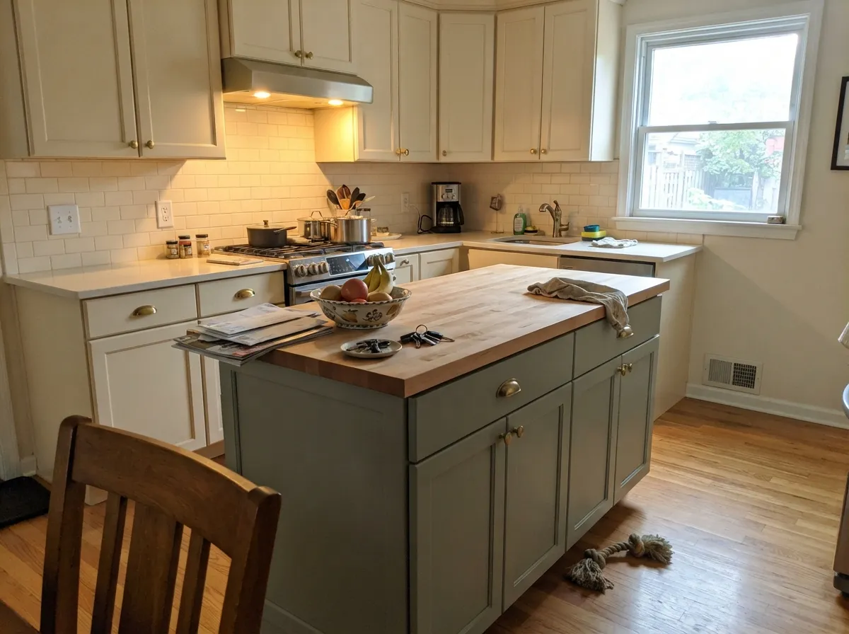 The island move: Paris Rain against cream perimeter cabinets and brass hardware — custom-looking without shouting trend.