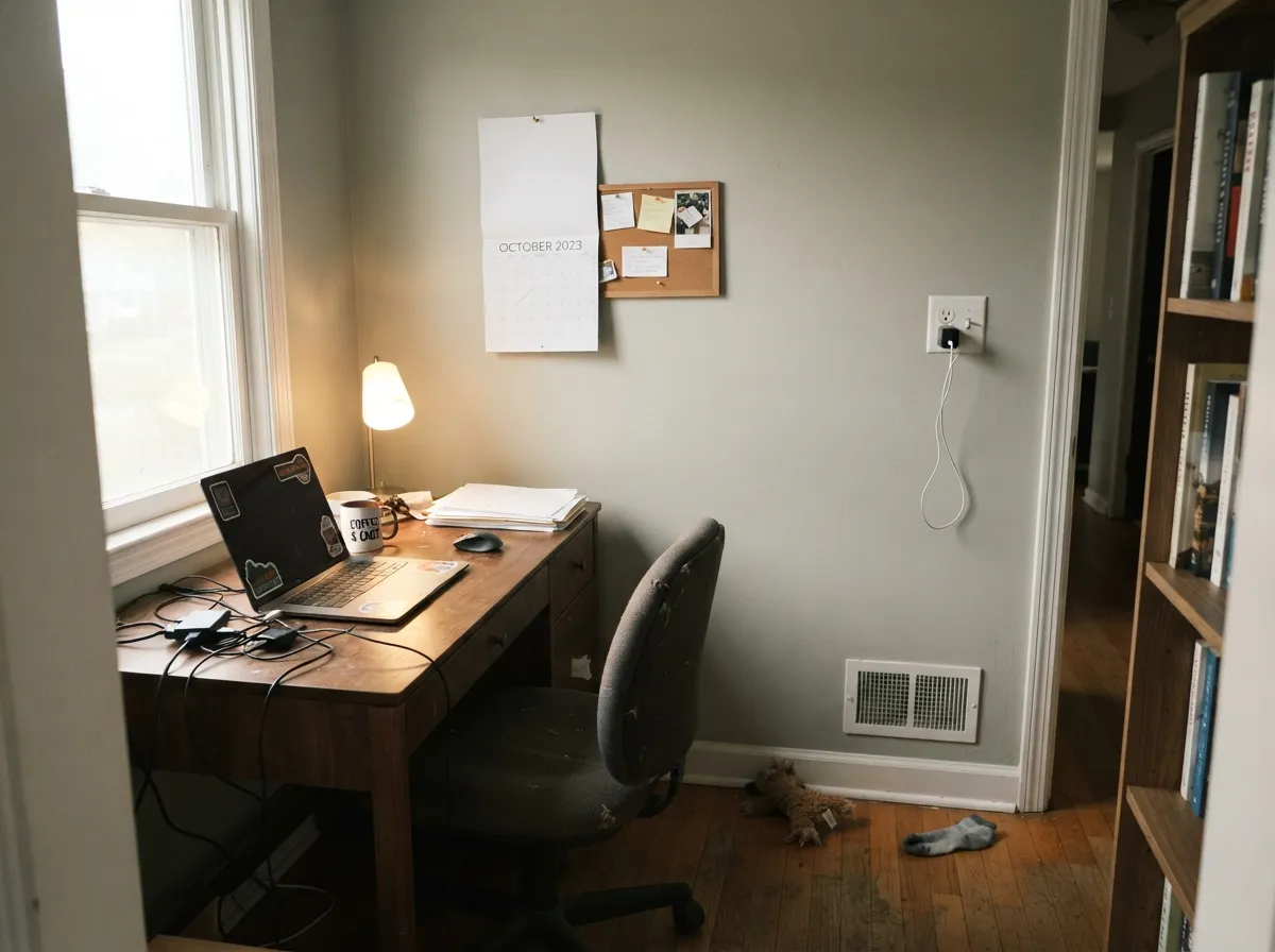 In a daylit home office it reads calm and considered — a warm gray that never goes flat on a video call.
