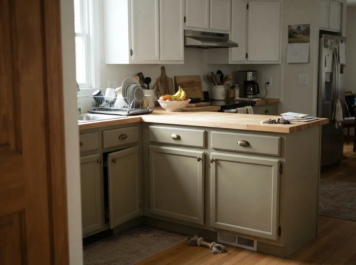 On an island under white uppers the depth finally pays off — it reads as a painted furniture color, not a gray primer.