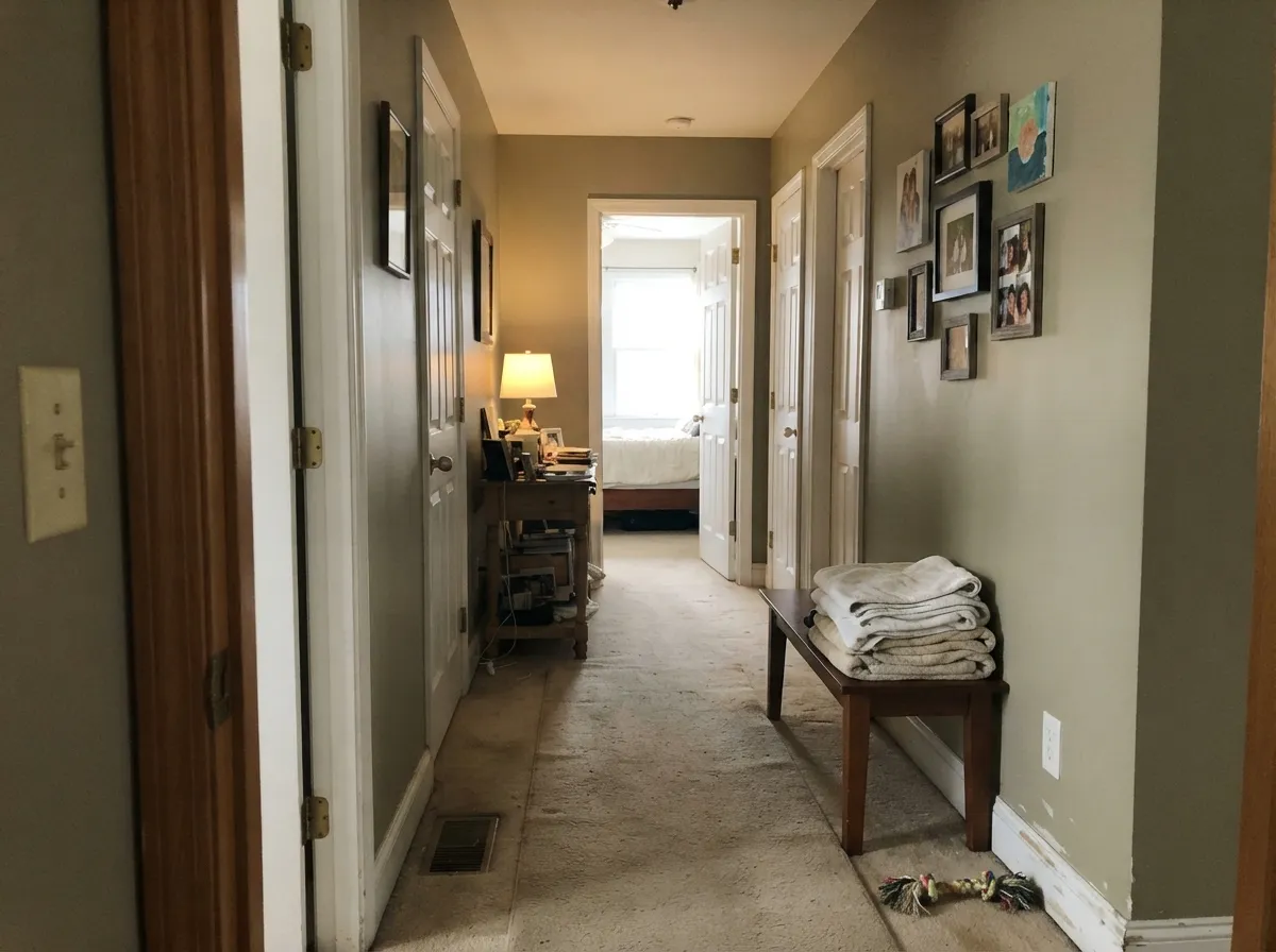 Hallways are where the mid-tone earns its keep — scuffs and hand marks that would show on a pale neutral simply disappear.
