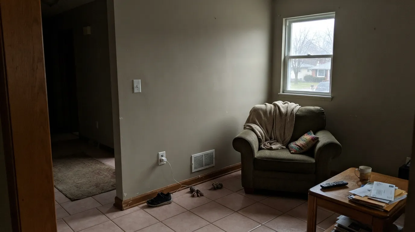 The honest shot: dim north light plus a pink-beige floor is the exact combination people describe as drab and green.