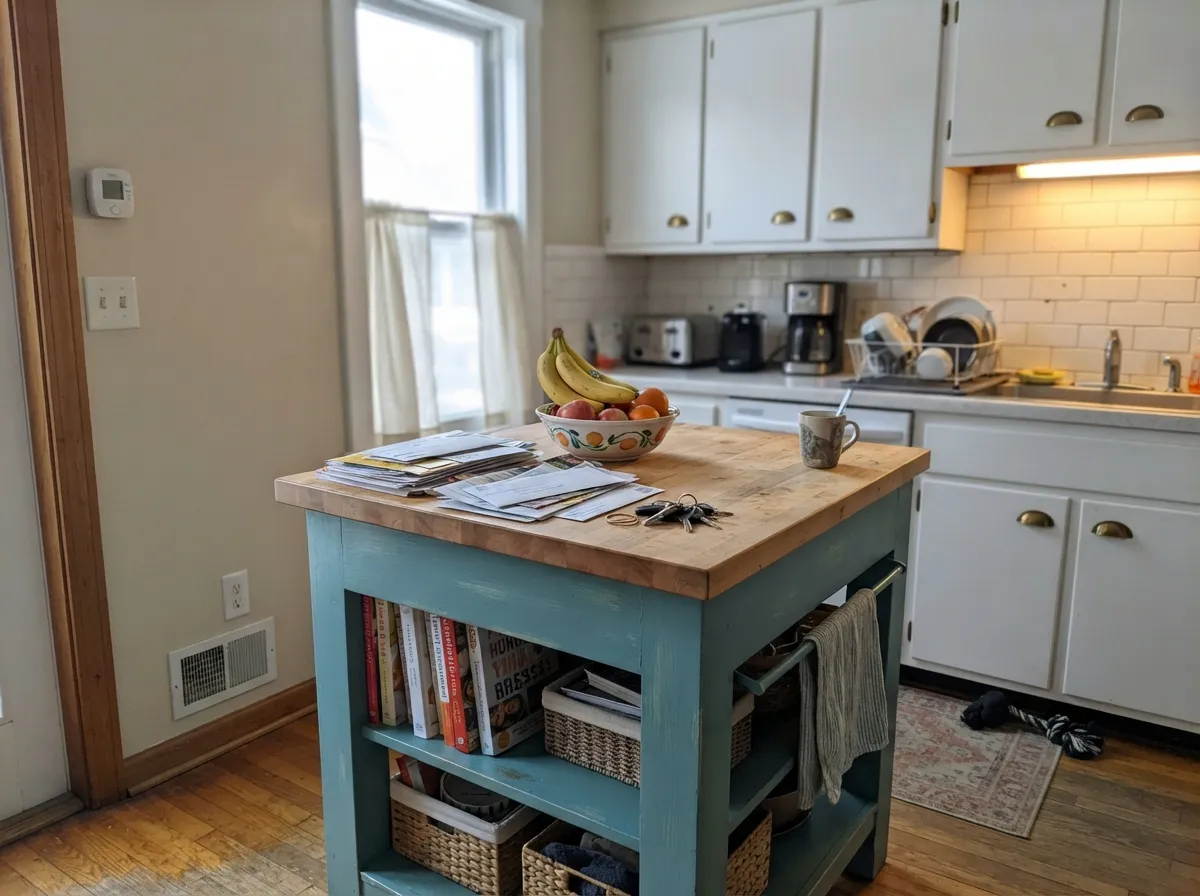 The low-risk way in: a Peacock Blue island under white uppers, with brass pulling the warmth back in.
