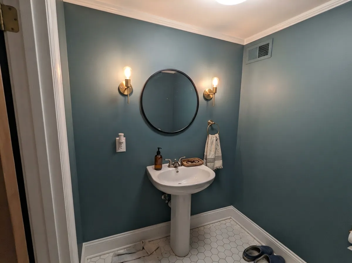 Drenched in a small room with bright trim and warm sconce light, it reads like a design decision, not a risk.
