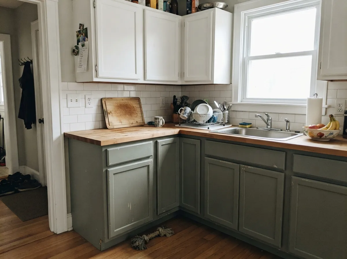 On base cabinets under warm wood and brass, Pearl behaves like a soft neutral instead of a color.