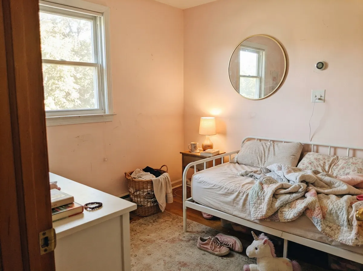 With gold accents and white furniture the peach undertone comes forward without turning the room into a pink box.