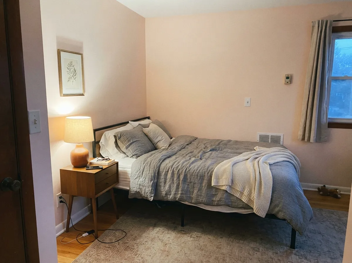 Grounded by a greige accent wall, the same pale pink reads as a grown-up neutral with a whisper of blush, not a nursery color.