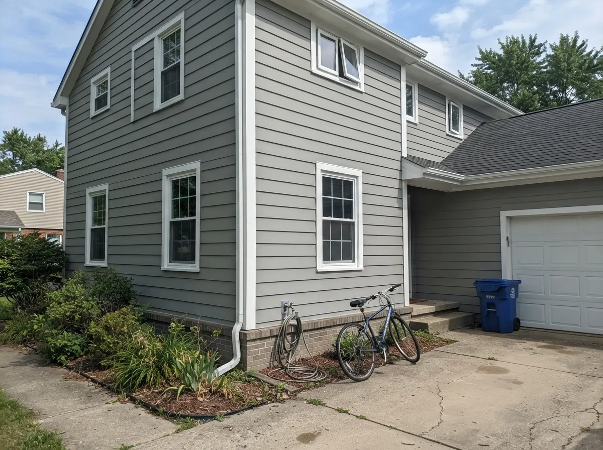 Gray siding with crisp white trim: no blue drift on the shaded side, which is where most gray-blues give themselves away.