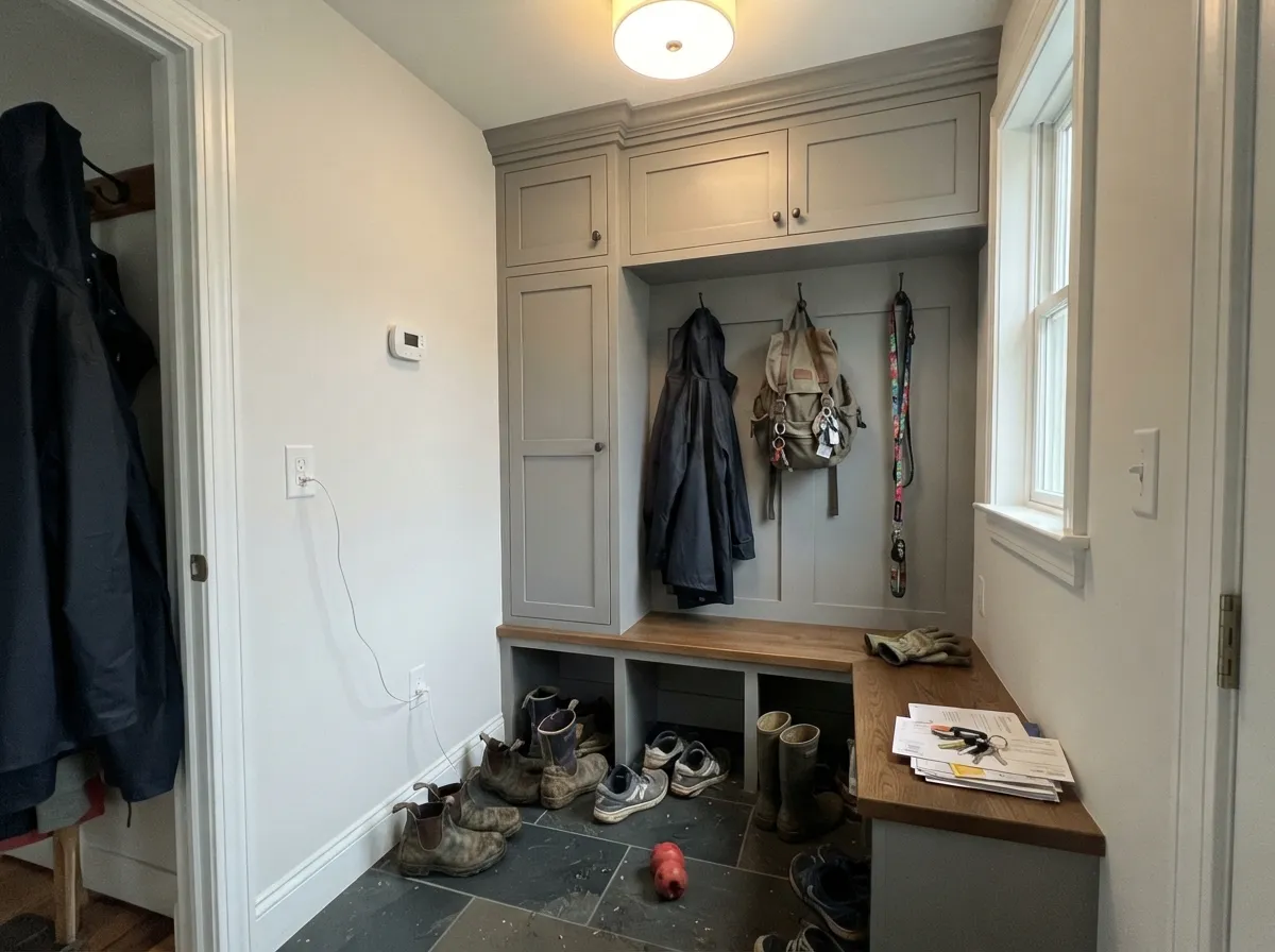 On lockers and lower cabinets the mid-gray takes boot scuffs and knuckle marks without showing them.