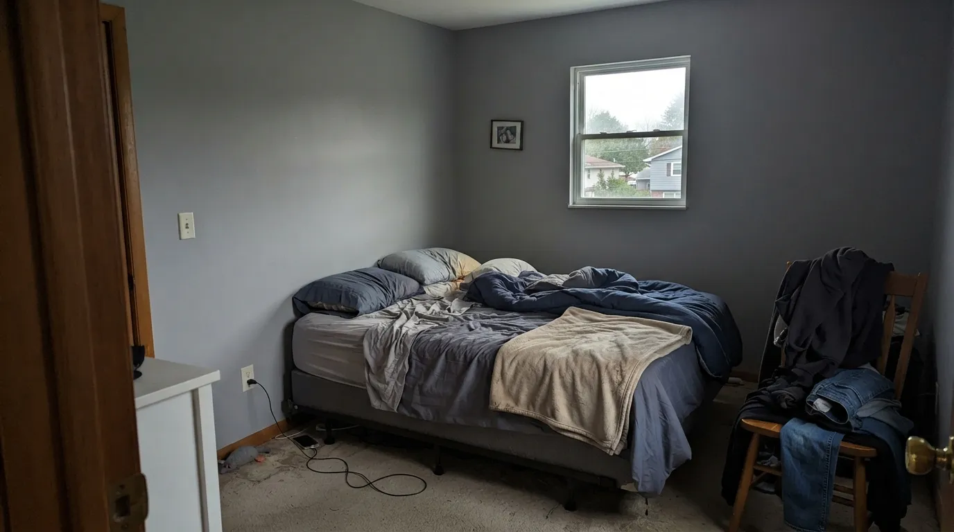 The honest shot: at LRV 40 in a dim north room this is a mid-tone, and it goes flat and institutional — the reason to keep it on floors, siding and cabinets rather than four dark walls.
