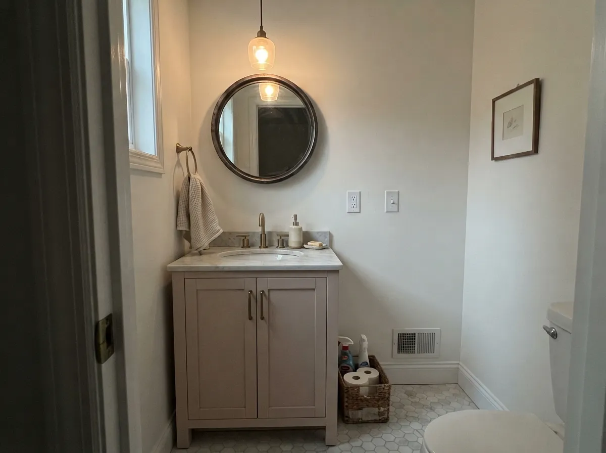 On a powder-room vanity under brass hardware, the blush reads custom, not girlish.