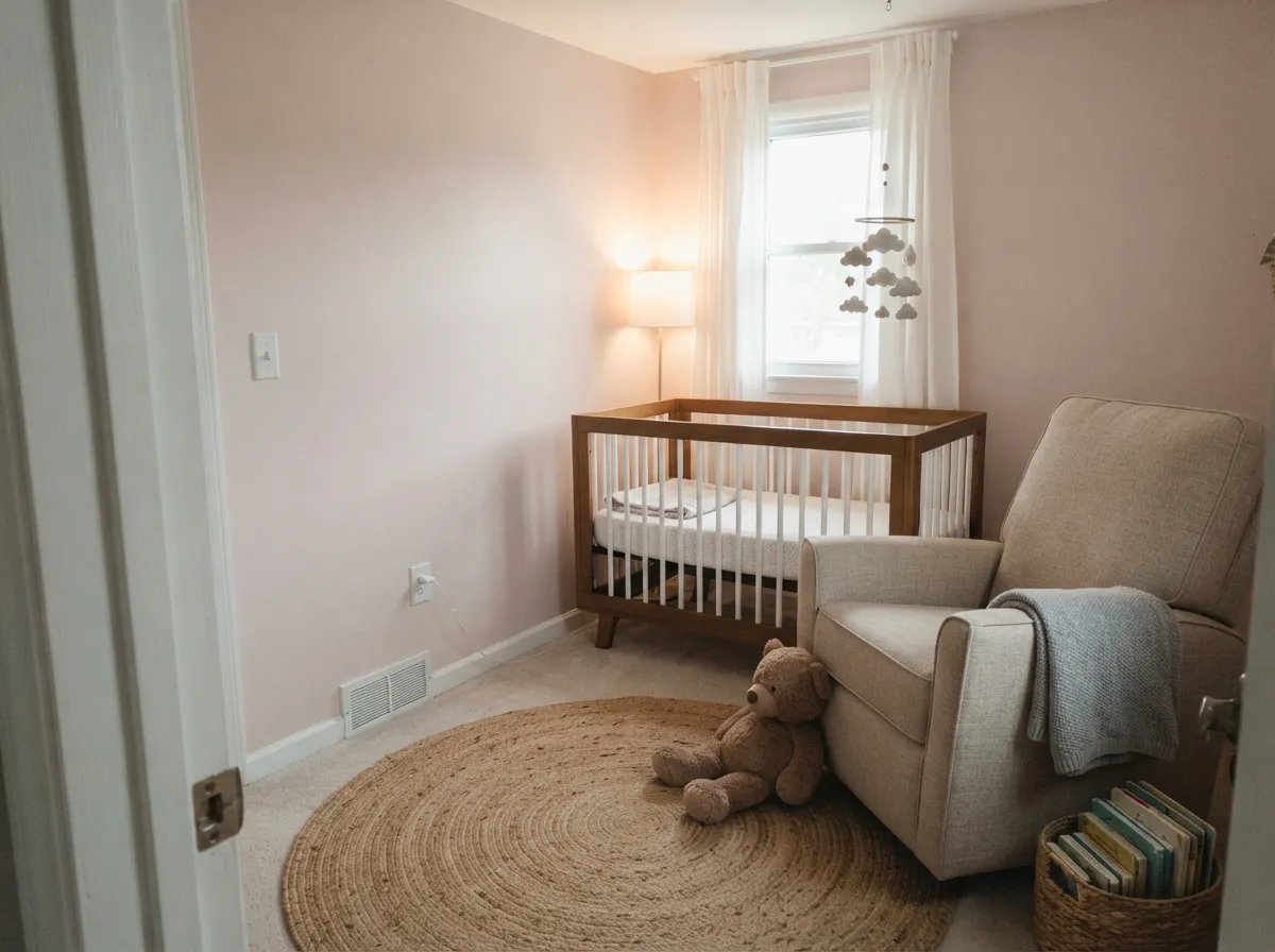 Under a warm evening lamp the pink comes forward and the room turns gently rosy and cozy — the color's best light.