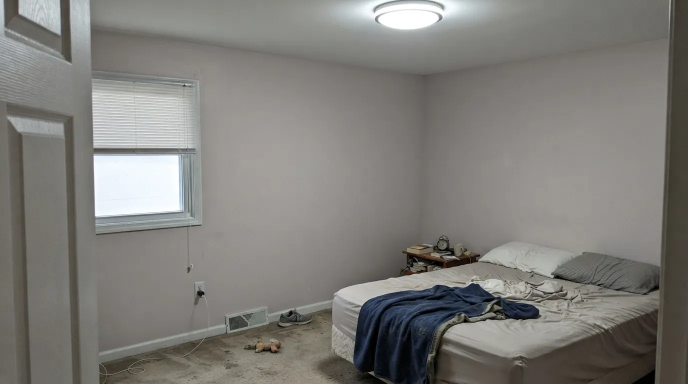 The honest shot: cool LED light with no warm lamp drains the blush out and leaves a flat, slightly dated pink-gray — the exact situation behind the "wanted gray, got pink" complaint.