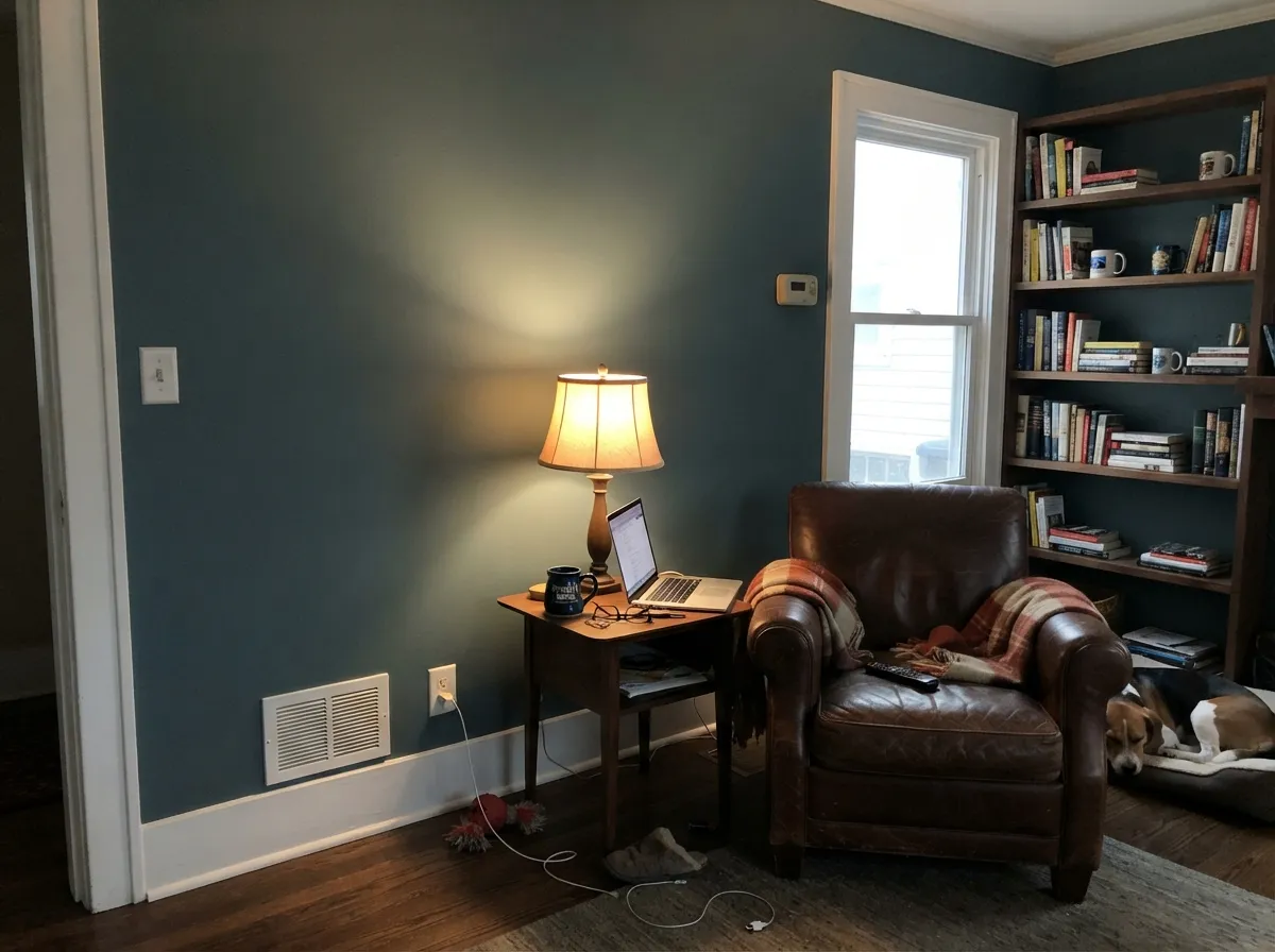 Under a warm lamp at dusk it turns genuinely cozy — a slate blue-green den that earns the word moody instead of dark.